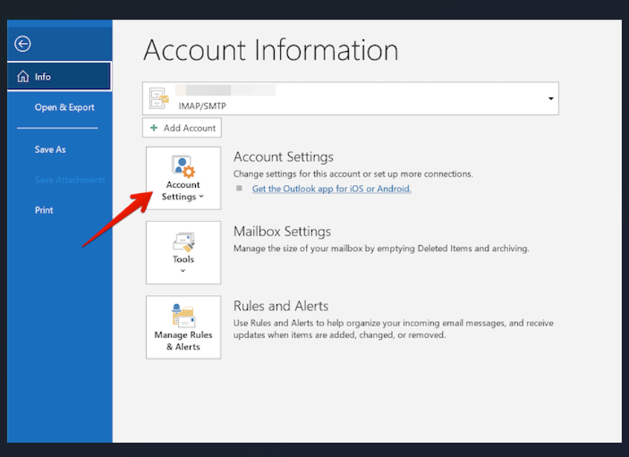 Account Settings on the Outlook Account Information screen