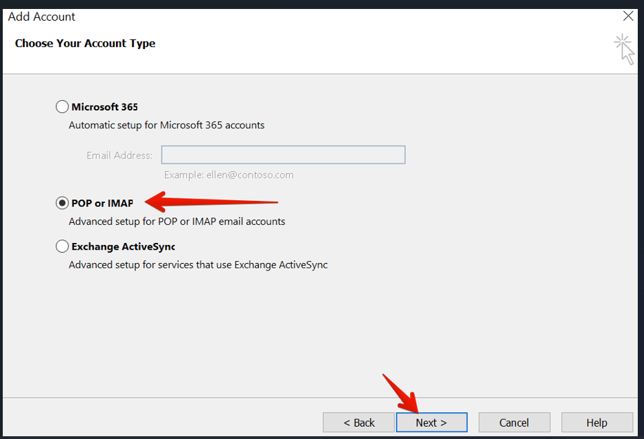 Choose POP or IMAP and click Next