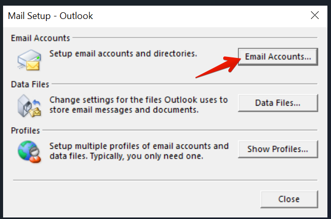 Click Email Accounts in Mail Setup