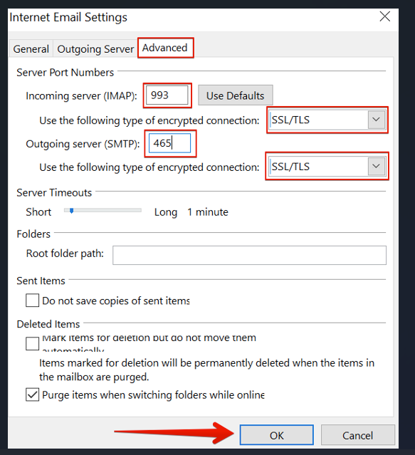 Advanced settings showing IMAP 993 and SMTP 465 with SSL/TLS