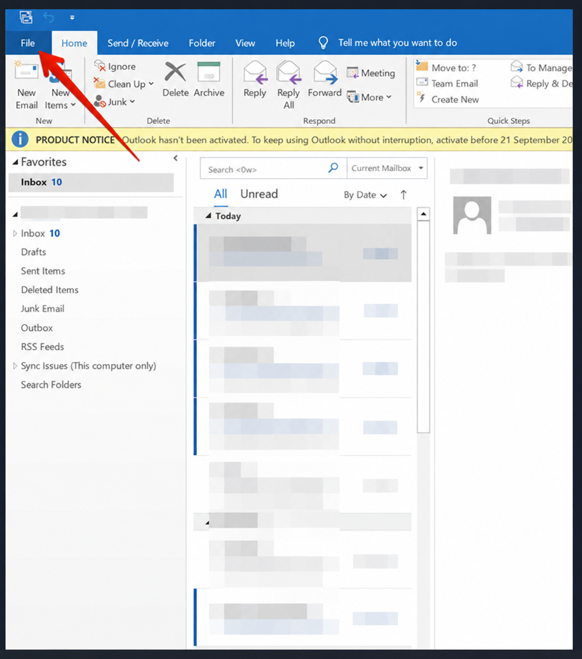 Outlook Classic File tab highlighted; mailbox details concealed
