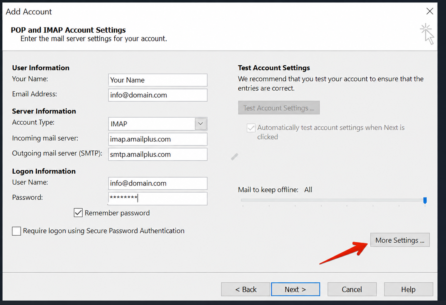 AmailPlus IMAP account settings with More Settings highlighted