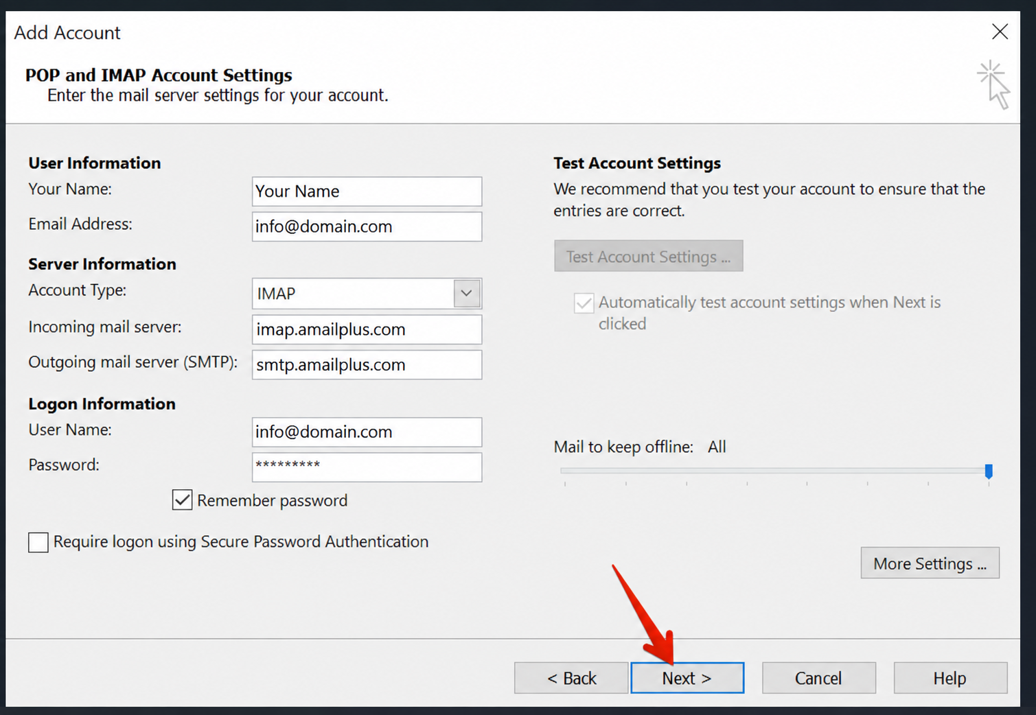 Click Next to test the AmailPlus account settings
