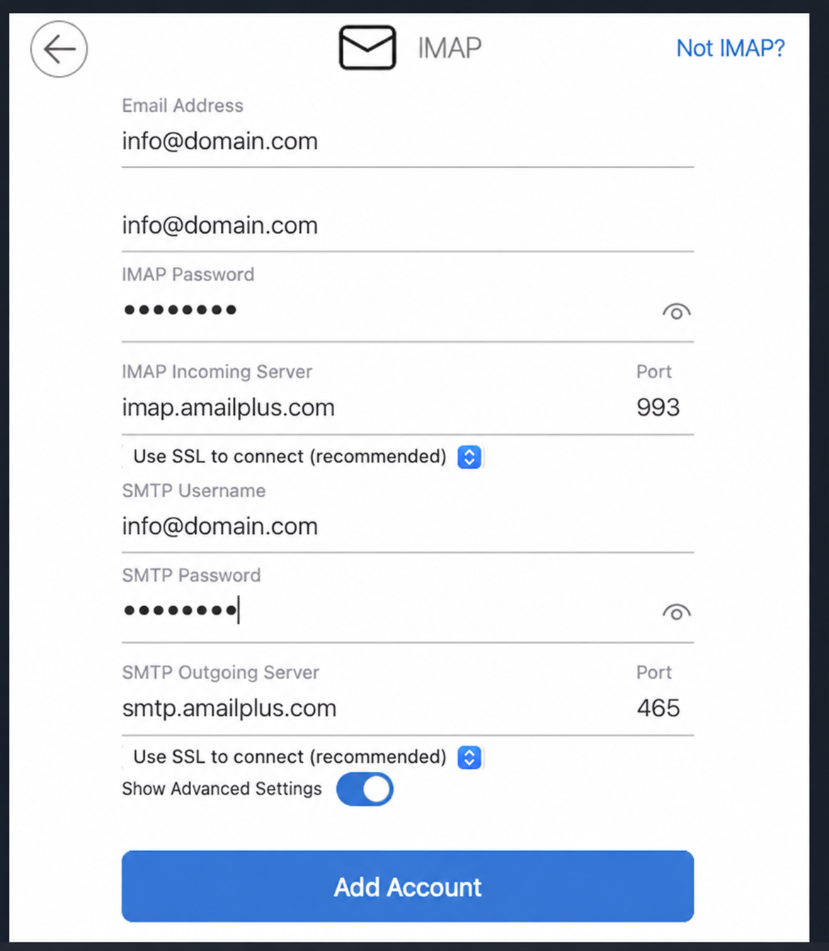 AmailPlus IMAP and SMTP settings