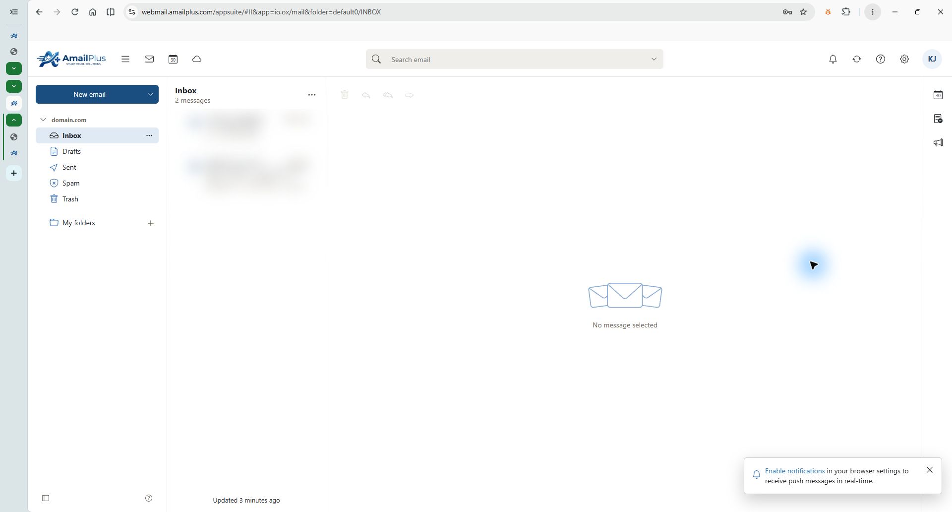 AmailPlus inbox with private messages blurred