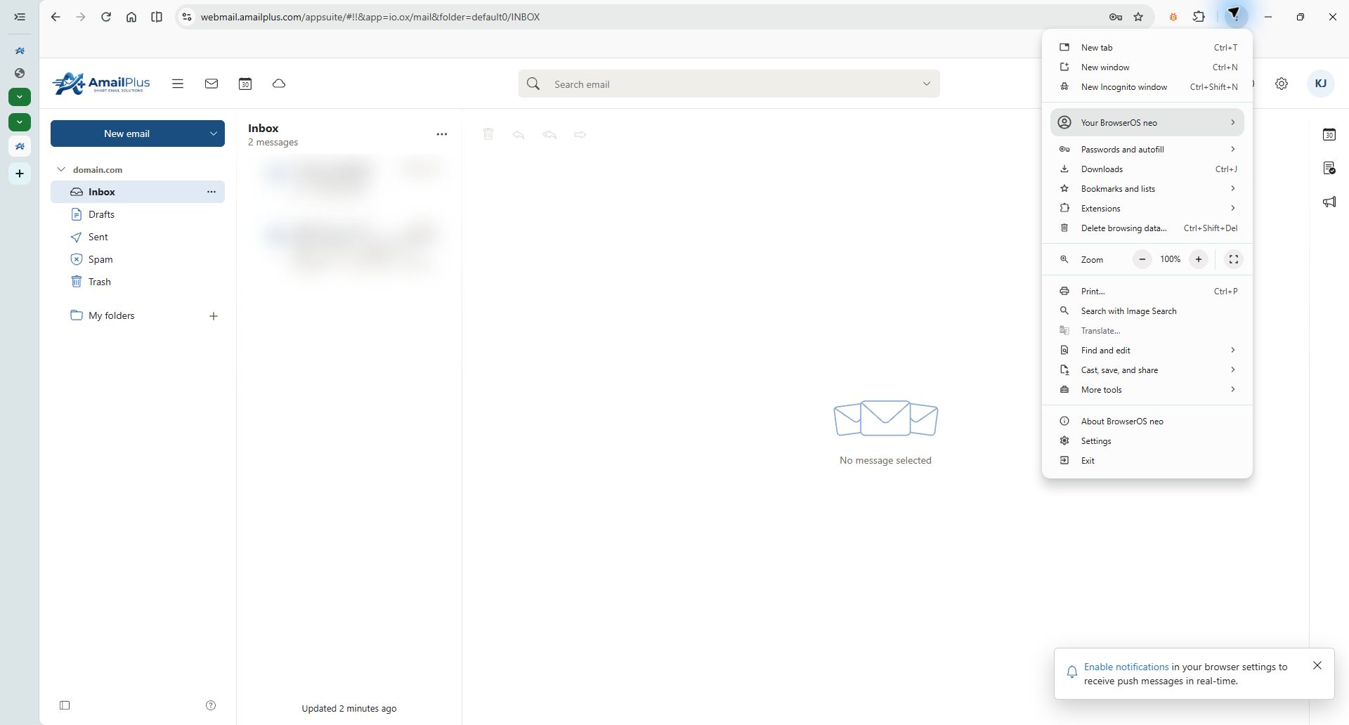 BrowserOS menu with Cast save and share