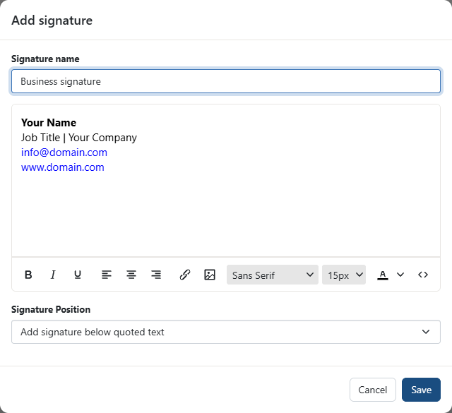 AmailPlus Add signature editor showing an example business signature