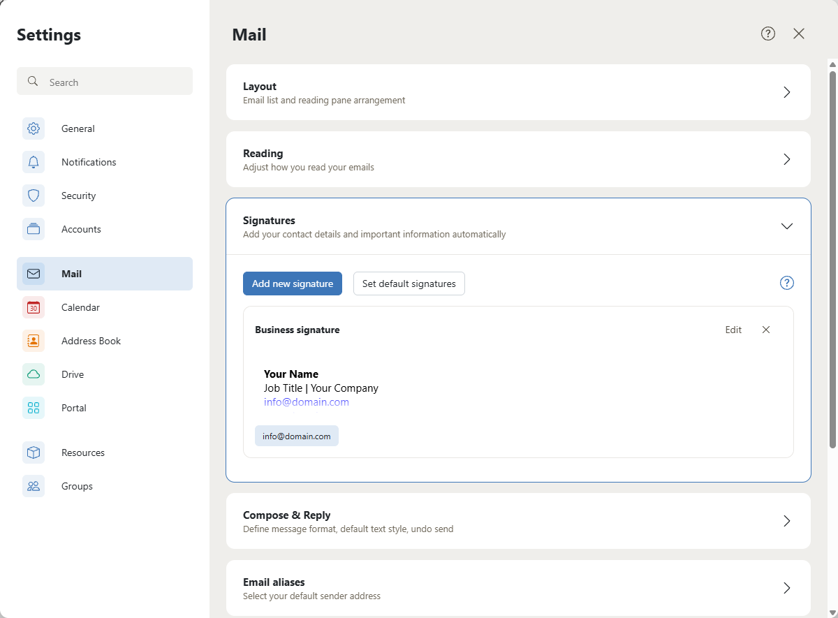 Saved AmailPlus business signature and Set default signatures button