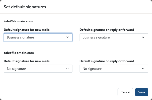 Choose default AmailPlus signatures for new emails and replies or forwards