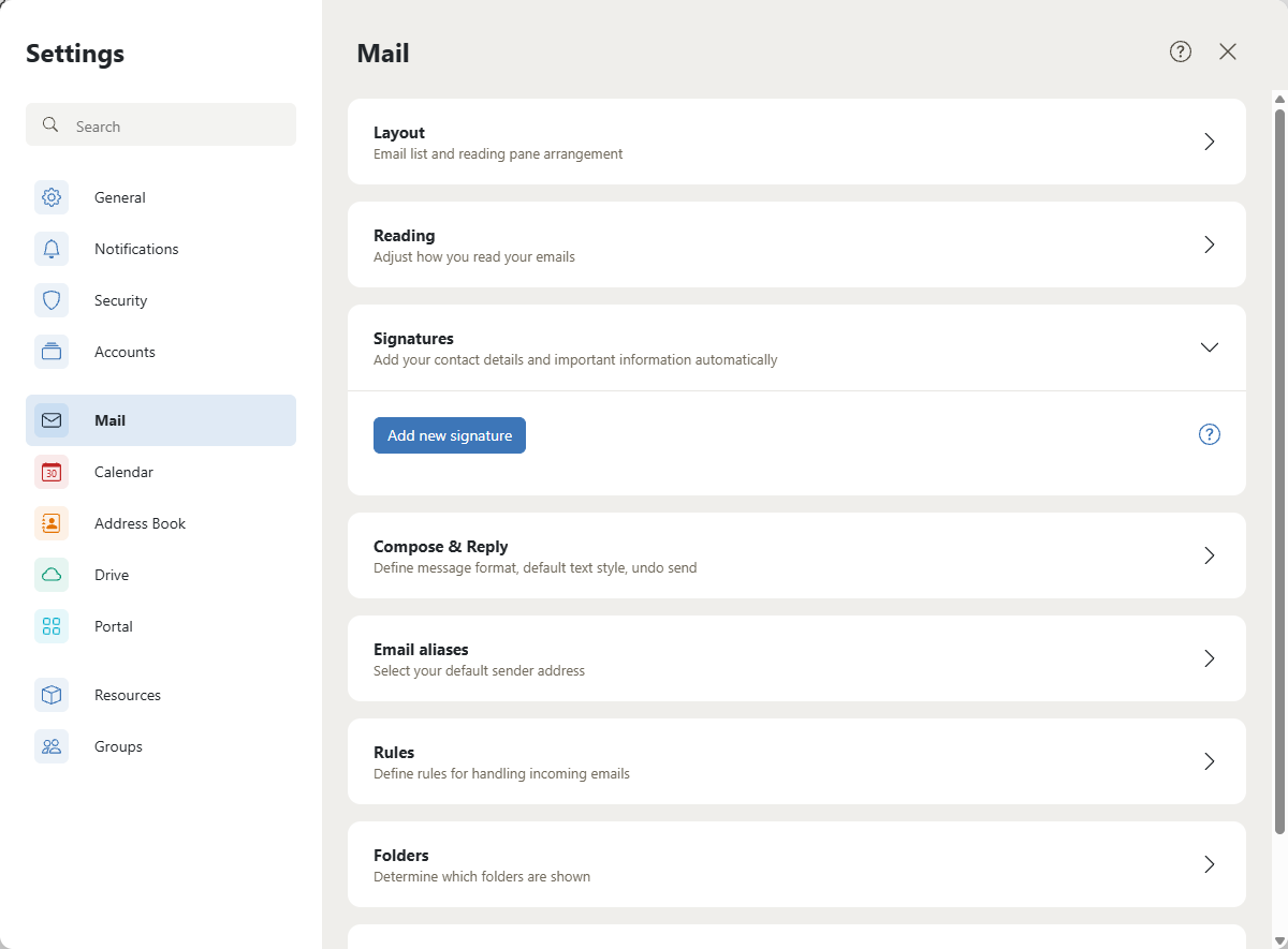 AmailPlus Mail settings with Signatures expanded
