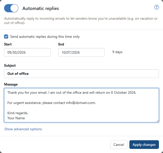 AmailPlus scheduled automatic reply with example dates, subject and message