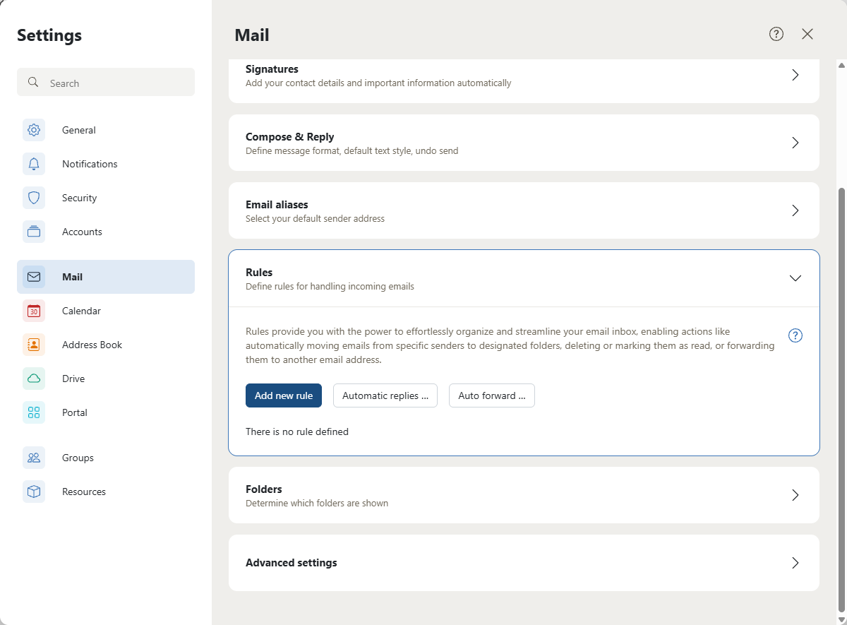 AmailPlus Mail settings with Rules and Automatic replies