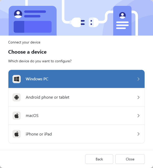 Choose Windows PC in the AmailPlus device setup wizard