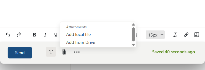 AmailPlus Attachments menu showing Add local file and Add from Drive