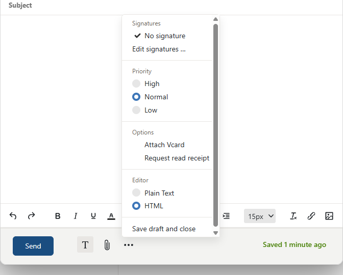 AmailPlus compose actions for signatures, priority, vCard, read receipt and editor format