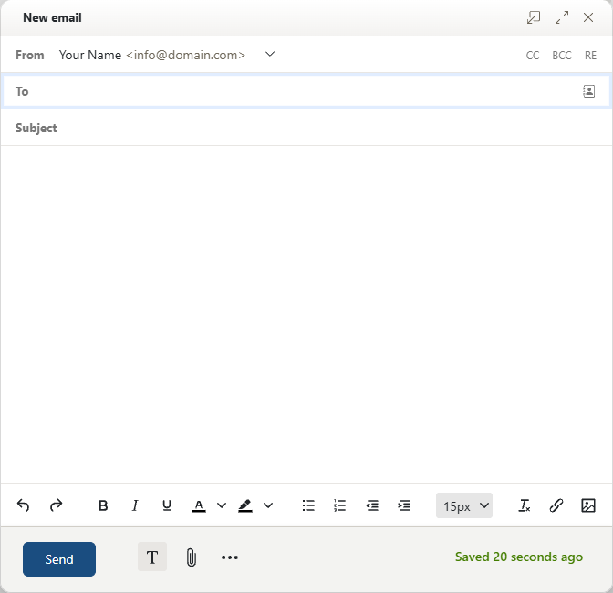 AmailPlus compose window showing To, CC, BCC, Subject, message area and Send