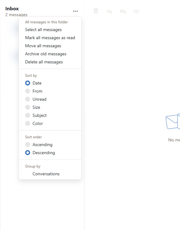 AmailPlus message menu with sorting and Conversations options