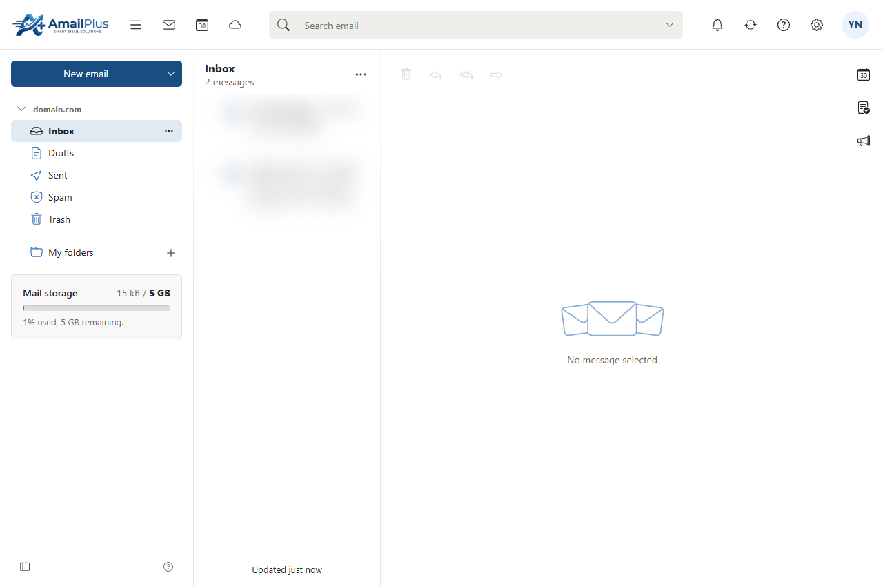 AmailPlus inbox showing folders, search and reading pane; message details blurred