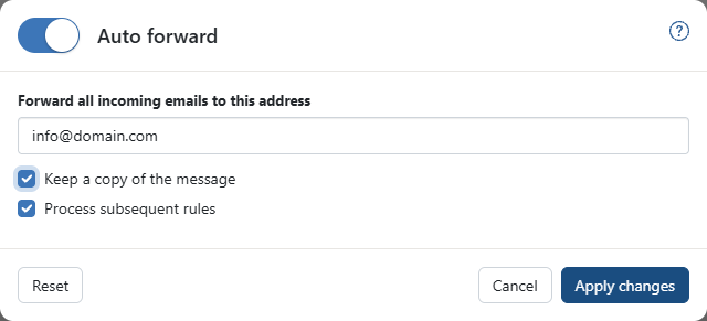 AmailPlus Auto forward enabled with an example destination and both copy and subsequent rules options selected