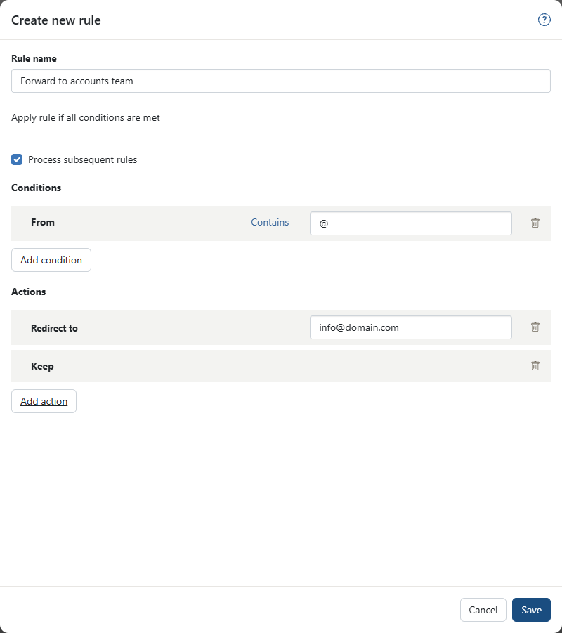 AmailPlus forwarding rule with From Contains @, Redirect to, Keep and Process subsequent rules