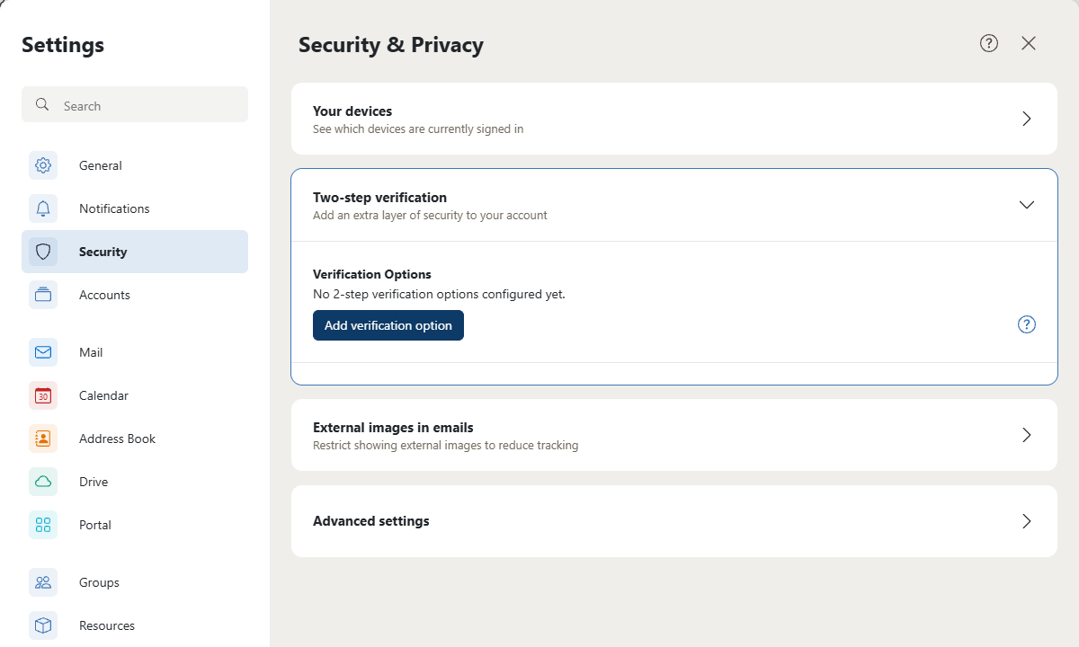 AmailPlus Security settings with Two-step verification and Add verification option