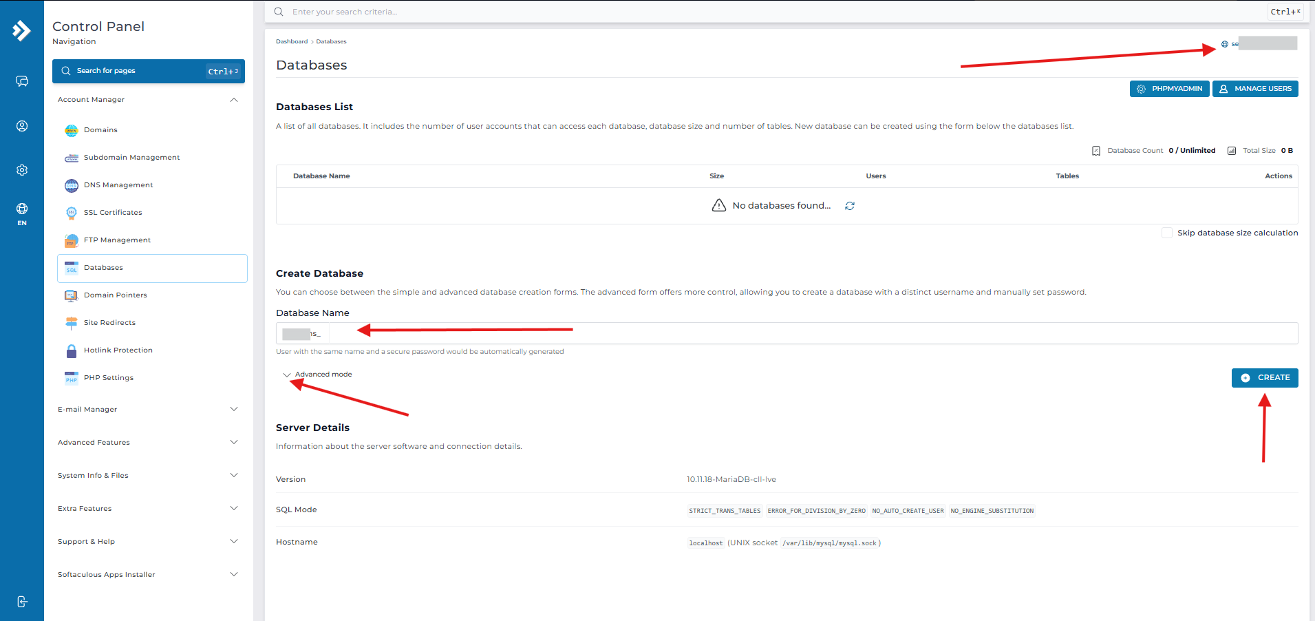 DirectAdmin database creation form