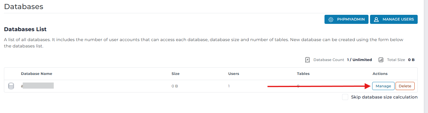 DirectAdmin database management options