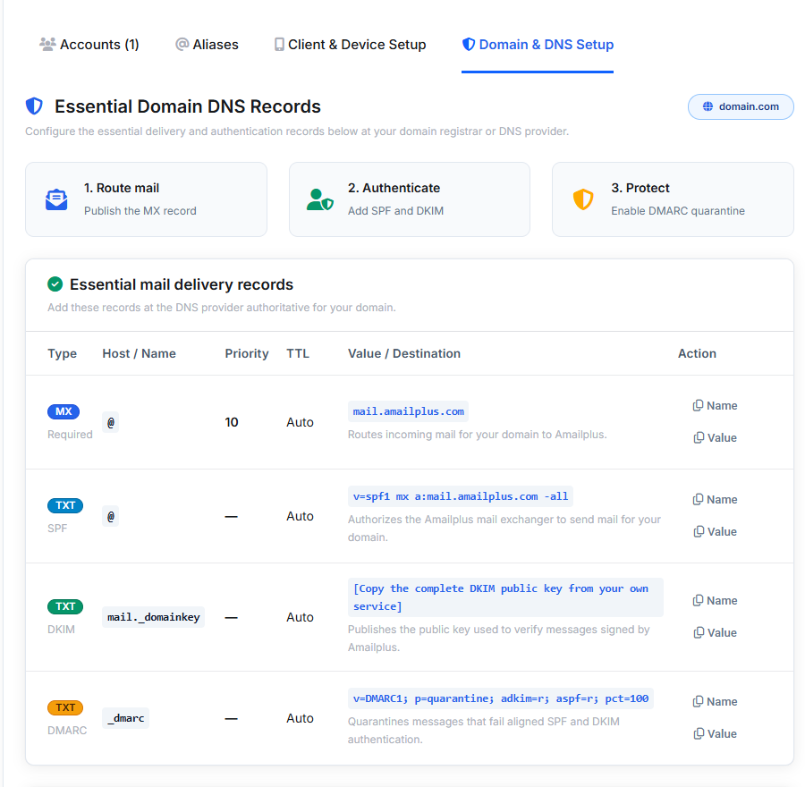 Aveshost AmailPlus Domain and DNS Setup panel showing MX, SPF, DKIM and DMARC records for example domain.com
