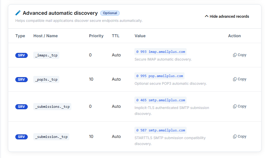 Optional AmailPlus SRV records for secure IMAP, POP3 and SMTP discovery