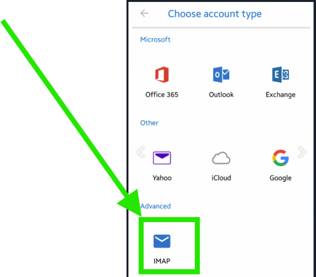 Choose IMAP from the account type list