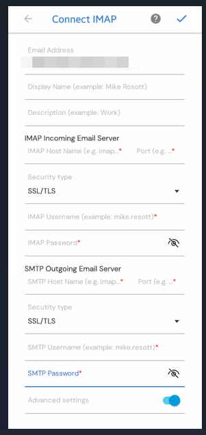 Outlook Android advanced IMAP and SMTP fields