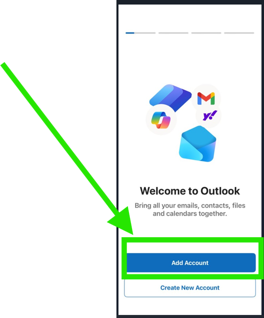 Outlook welcome screen with Add Account highlighted