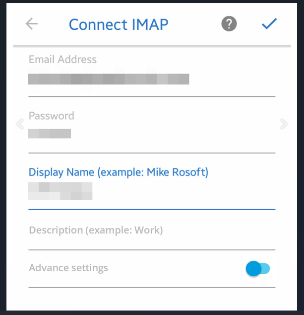 Connect IMAP screen with the advanced settings toggle