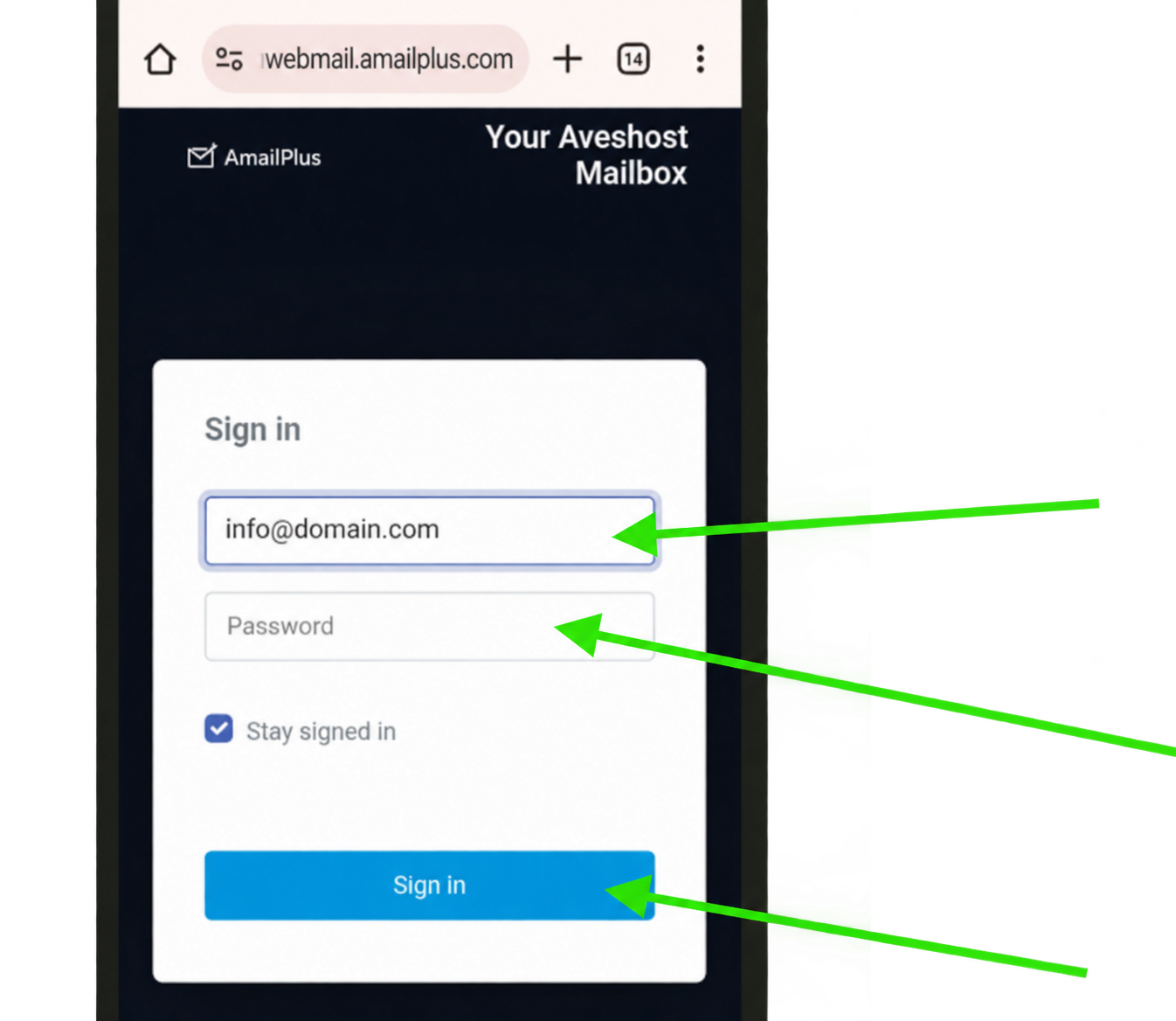 AmailPlus sign-in example with info@domain.com