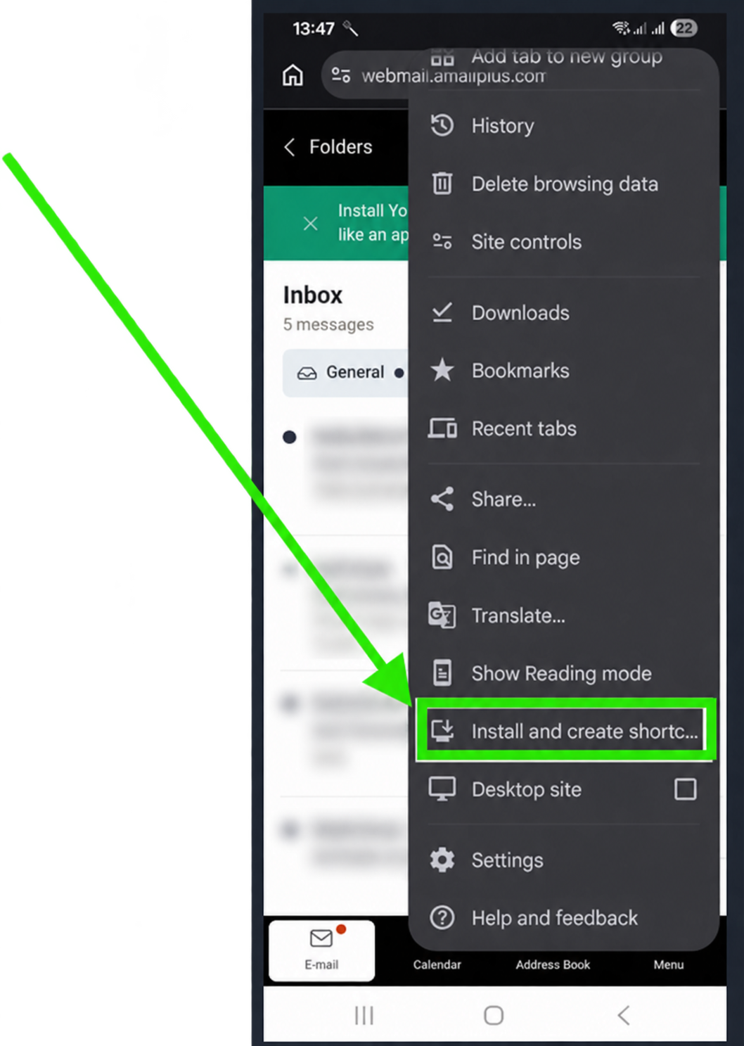 Select Install and create shortcut in Chrome; email previews concealed
