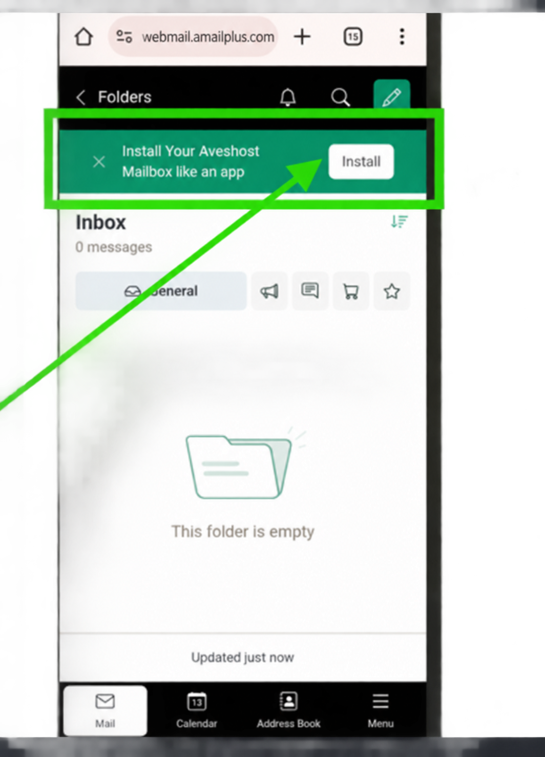 Mailbox installation banner with Install highlighted