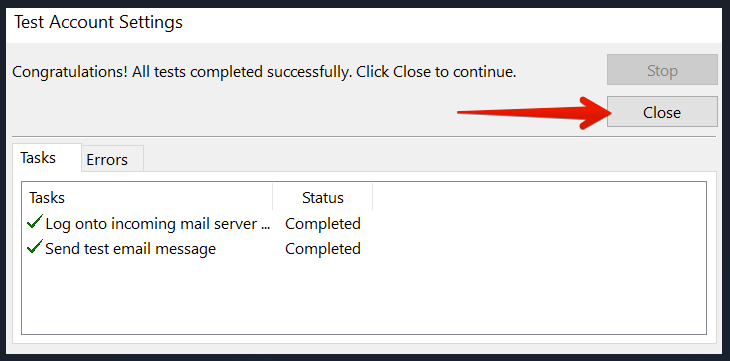Both Outlook account tests completed successfully