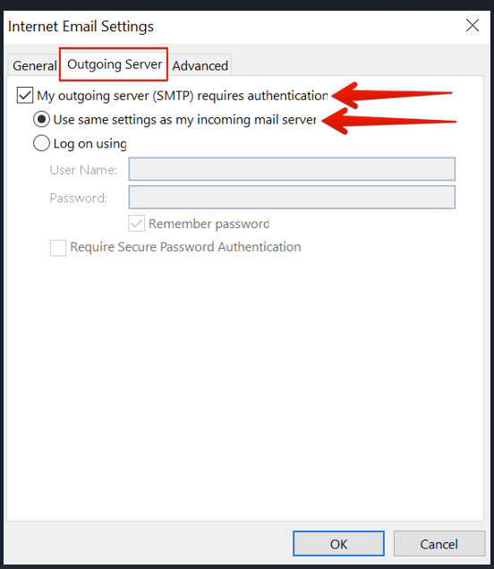 Enable SMTP authentication and use the incoming mail server credentials